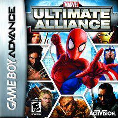 The cover of Marvel Ultimate Alliance GameBoy Advance, published by Activision, features Spider-Man in the center with Marvel heroes like Wolverine, Captain America, and Thor. Rated Everyone 10+.