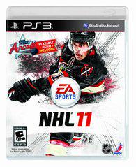 The cover of EA Sports' NHL 11 (PS3) showcases a hockey player in a black jersey with dynamic motion effects. It features the brand's logo, mentions a playable demo and multiplayer options, and is rated E for Everyone by ESRB for an authentic hockey experience.