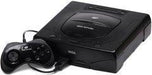 The Sega Saturn by Sega is a sleek console in black, featuring an iconic logo and impressive CD-ROM performance. Its curved design supports 3-D graphics capabilities. The matching controller connects via cable and includes an ergonomic layout with buttons and a directional pad for optimal gameplay.