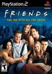 The video game cover for "Friends: The One with all the Trivia" by WB Games features six adults smiling and sitting together against a blurred cityscape. The PlayStation 2 logo is at the top, with PlayStation and Warner Bros. logos at the corners.