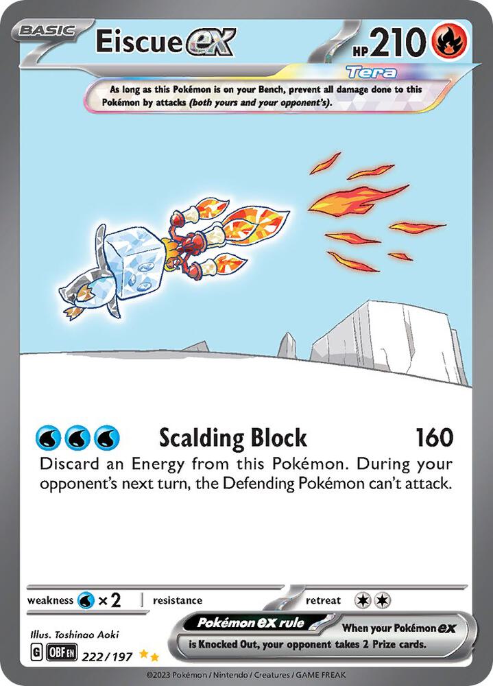 The image shows a Special Illustration Rare Pokémon card, Eiscue ex (222/197) from Scarlet & Violet: Obsidian Flames. Eiscue glides on ice amid icy blocks, has 210 HP, features 