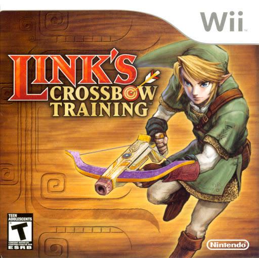 The cover art for Nintendo's "Link's Crossbow Training" on the Wii shows Link from The Legend of Zelda aiming a crossbow, with a wood-textured background. The game's title is prominently bolded, and it has an ESRB rating of "Teen.