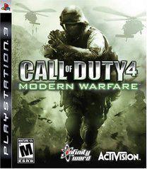 The "Call of Duty 4 Modern Warfare" (PS3) cover depicts a combat-ready soldier with a gun, set against a green-toned background featuring helicopters. It's branded by Activision and rated M for Mature.