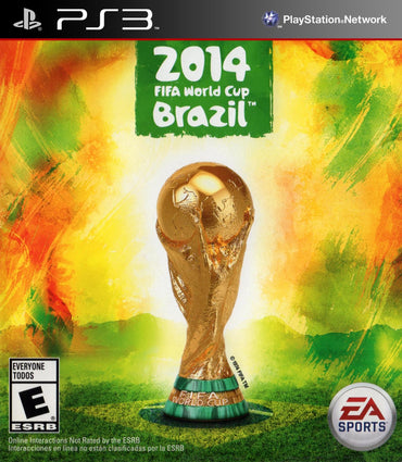 The PS3 game "2014 FIFA World Cup Brazil" features cover art with the World Cup trophy against a vibrant yellow, green, and orange backdrop. The EA Sports logo appears at the bottom right corner, and it's rated E for Everyone by the ESRB.