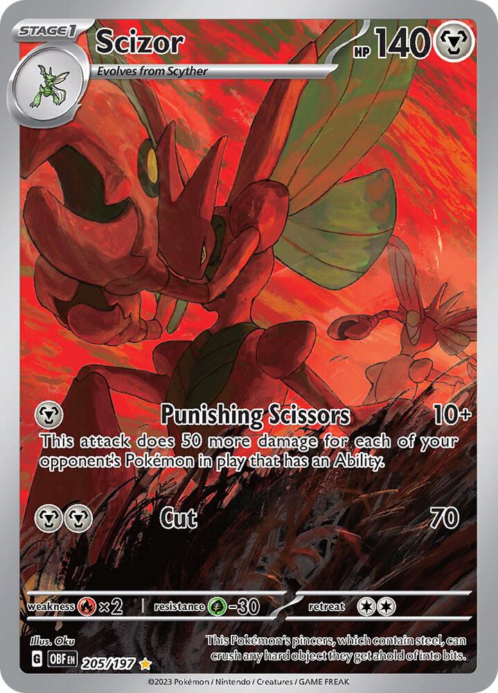 The Pokémon Scizor card (205/197) from Scarlet & Violet: Obsidian Flames shows a red, metallic mantis with pincers and wings on a dark background. It has 140 HP and features Punishing Scissors and Cut moves, with symbols enhancing its abilities.