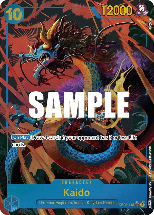 The Bandai Kaido (Alternate Art) [Awakening of the New Era] is a Secret Rare card depicting a blue-scaled dragon with red antlers and a golden mane on a vibrant red and black background. This 10-cost, 12000-power Character Card can draw 4 cards and has large 