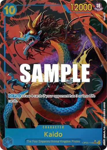 The Bandai Kaido (Alternate Art) [Awakening of the New Era] is a Secret Rare card depicting a blue-scaled dragon with red antlers and a golden mane on a vibrant red and black background. This 10-cost, 12000-power Character Card can draw 4 cards and has large "SAMPLE" text overlay.