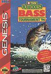 The ASC Games cover for "TNN Outdoors Bass Tournament '96" features a huge bass leaping from water, capturing tournament excitement. A bold title over a vibrant scene and a badge saying, "It doesn't get any realer than this!" The iconic red Genesis logo is on the spine.