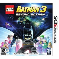 Cover of "LEGO Batman 3 Beyond Gotham" by WB Games for Nintendo 3DS, shows Batman amidst DC Comics icons, in puzzle-solving action against a cosmic backdrop with planets. The game's logo is at the top, Nintendo 3DS branding to the right, and rated E for Everyone.