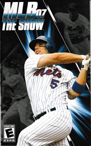 The cover of Sony's MLB 07 The Show showcases a Mets player in a white pinstripe uniform mid-swing, with the game's logo above and an action-packed backdrop. It features an ESRB Everyone rating at the bottom left.