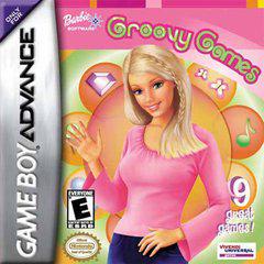 The cover of "Barbie Groovy Games" on Game Boy Advance features Barbie wearing a pink top, smiling and waving against a colorful swirl background with music notes and jewels. It highlights "9 great mini-games" and carries an "E for Everyone" rating, by Nintendo.