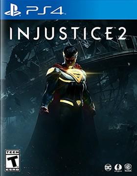 The "Injustice 2" (PS4) cover features a superhero with a glowing "S" on his chest in a dark suit and cape, set against an industrial backdrop. DC Comics and WB Games logos appear at the bottom, alongside a "Teen" ESRB rating.