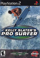 The cover of "Kelly Slater's Pro Surfer" for PS2 by Activision depicts a surfer soaring above a wave, with the bold title on a green and blue oval. The Activision logo is in the lower right corner, and it is rated "E" for Everyone.