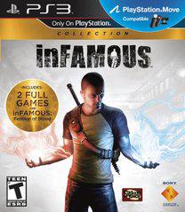 The "Infamous Collection" for PlayStation 3 features a man with glowing hands in a gray and yellow shirt, posed before a cityscape. Enjoy two full open-world games with PlayStation Move support. Rated “Teen” by ESRB, it showcases Sucker Punch and Sony logos.