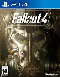 The cover art of "Fallout 4" for the PlayStation 4 showcases a detailed close-up of a weathered, metallic power armor suit adorned with hoses and mechanical components, embodying the gritty aftermath of nuclear war. The game's logo is prominently centered at the top, while the Bethesda brand name appears at the bottom right. The ESRB "M" for Mature rating is positioned at the bottom left.