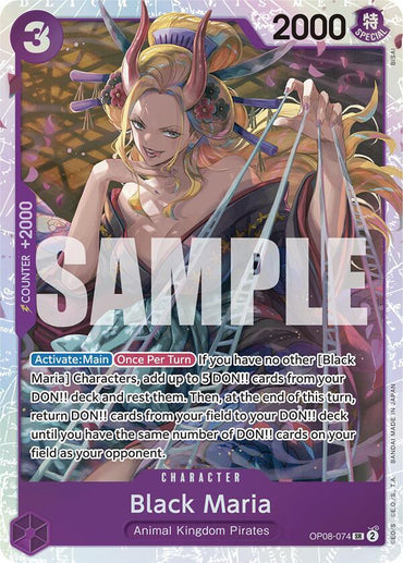 A Bandai Super Rare trading card, "Black Maria [Two Legends]," from the Animal Kingdom Pirates, features Black Maria in a kimono with spider motifs, horns, and long hair. It includes game instructions, a 2000 power rating, purple border, and various logos.