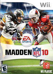 The cover of "Madden 10" for the Wii platform, produced by Everything Games, features two football players in a dynamic scene, one clad in yellow and black and the other in red and white. The EA Sports logo is prominently displayed above the game's title, with the NFL and Wii logos clearly visible, representing an immersive football simulation experience.