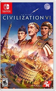 Box art for the strategy game "Civilization VI" by 2k on Nintendo Switch. Features illustrations of historical figures and landmarks, such as the Eiffel Tower and the Colosseum. The background depicts a cityscape with diverse architectural styles, alongside a night sky with a comet.