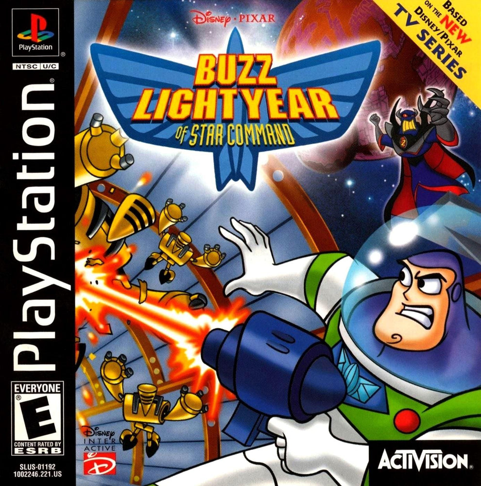 The PlayStation 1 game "Buzz Lightyear of Star Command" features cover art with Buzz Lightyear aiming his laser at the forefront and Emperor Zurg to the right. The backdrop is space-themed with flying ships and robots, highlighting logos for Disney and Activision.