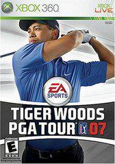 The cover of "Tiger Woods PGA Tour 07" for Xbox 360 features Tiger Woods mid-swing in a blue shirt and cap on a white background. The EA Sports logo is prominently centered, with Xbox 360 branding at the top, rated "E" for Everyone.