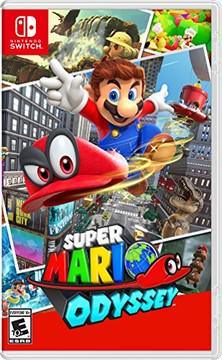 Cover of Everything Games' "Super Mario Odyssey" for the Nintendo Switch. Mario and his cap, Cappy, leap forward in a world where Bowser looms large. The background showcases action-packed scenes from the game, featuring a cityscape, dinosaur, and lush landscapes. The Nintendo Switch logo is prominently displayed in the top left corner.