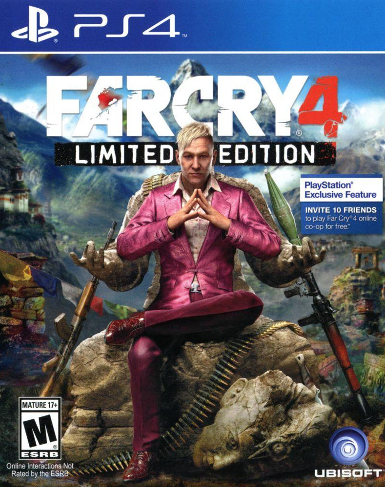 PS4 game cover for "Far Cry 4" by Ubisoft: A man in a pink suit sits on a statue against mountain scenery. This open-world first-person shooter, rated Mature 17+, offers exclusive features. Ubisoft logo displayed bottom right.