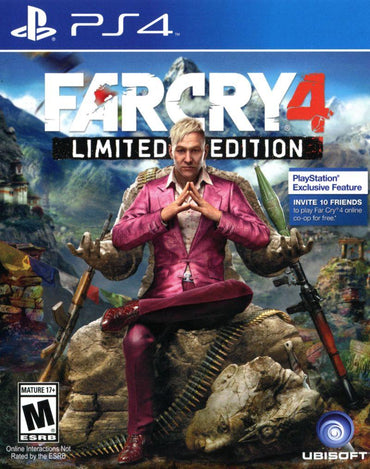 PS4 game cover for "Far Cry 4" by Ubisoft: A man in a pink suit sits on a statue against mountain scenery. This open-world first-person shooter, rated Mature 17+, offers exclusive features. Ubisoft logo displayed bottom right.