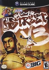 The NBA Street V3 [GC] cover by EA Sports Big features arcade-style gameplay in a colorful urban backdrop. A basketball player holds a ball amid graffiti text. The GameCube logo is at the top, and the EA Sports BIG logo is at the bottom right. Rated E for Everyone.