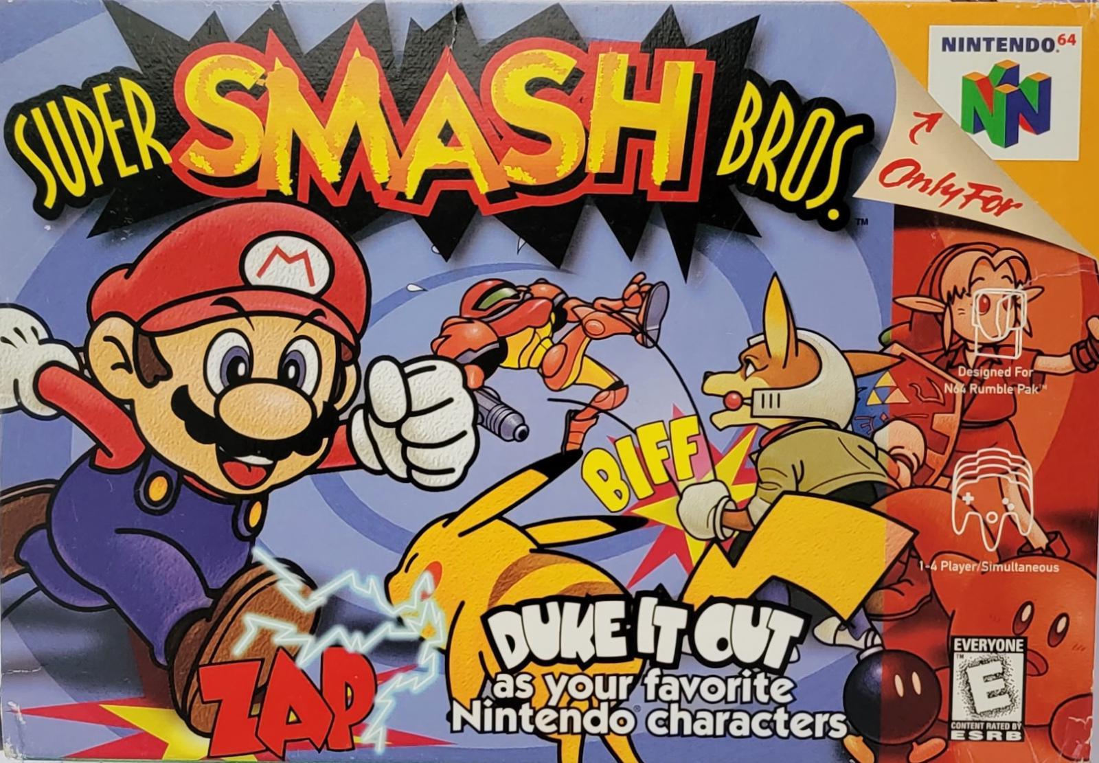 A vibrant cover for Super Smash Bros 64 features Mario punching Pikachu with a striking 