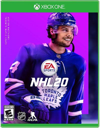 The NHL 20 cover art for Xbox One by EA Sports features a striking purple background and Toronto Maple Leafs player wearing jersey number 34. 