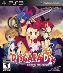 Disgaea D2: A Brighter Darkness by NIS America features cover art highlighting its tactical gameplay, with anime-style characters: a blue-haired protagonist wielding a sword, a blonde with bat wings, and a red-haired character all set against a bright, fiery backdrop with the game title below.