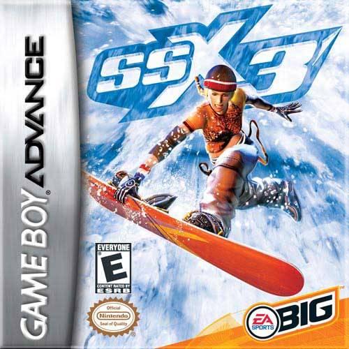 The "SSX 3" Game Boy Advance cover features a snowboarder in action, wearing a helmet and goggles performing an exciting trick. Rated "Everyone," the dynamic snowy scene includes mountains with the EA Sports Big logo at the bottom right.