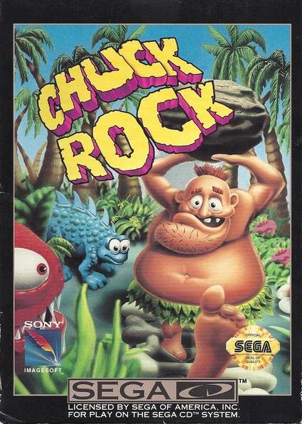 The video game cover features Chuck Rock, a cartoon caveman, triumphantly lifting a stone amid vibrant prehistoric creatures and lush greenery. Retro fans will recognize the bold 