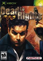 Cover art for Namco's crime-thriller "Dead to Rights" features a stern man wielding pistols, set against intense flames and smoke. The title "Dead to Rights" is displayed prominently at the top, marked with an ESRB M for Mature rating.