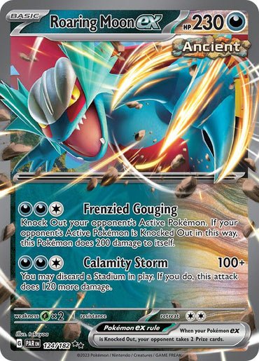 The Roaring Moon ex (124/182) [Scarlet & Violet: Paradox Rift] Pokémon card showcases a dragon-like creature with sharp claws and wings over a cosmic backdrop. A Double Rare card, it has 230 HP and Ancient type, with Frenzied Gouging and Calamity Storm attacks. It includes Darkness attributes and illustrator details.