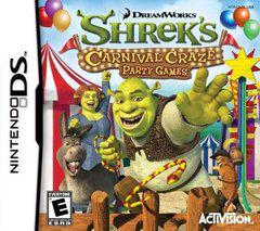 The "Shrek's Carnival Craze" for Nintendo DS features Shrek, Fiona, and Donkey at a vibrant carnival with tents and games. It displays the DreamWorks and Activision logos and is rated E for Everyone.