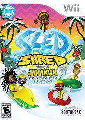 The Nintendo Wii game "Sled Shred" from Southpeak features cover art with bold, icy blue title letters. Cartoon characters in Jamaican flag colors joyfully ride sleds and snow tubes. The snowy scene is creatively bordered by palm trees. Rated E by the ESRB.