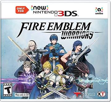 The Koei Tecmo game "Fire Emblem Warriors" for the New Nintendo 3DS features cover art with seven armored characters in action poses, swords drawn against a stormy backdrop. The Nintendo and amiibo logos are at the top, while the "Teen" rating is positioned at the bottom left.