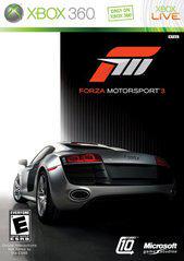 The Xbox 360 game "Forza Motorsport 3" cover showcases a sleek silver car from the rear, representing a modern racing experience. The cover displays the "Forza Motorsport 3" logo above, and includes Xbox LIVE, Turn 10 Studios, and Microsoft logos. It's rated "E for Everyone.