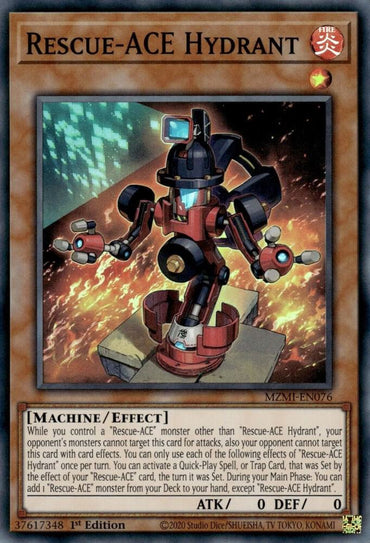 The Yu-Gi-Oh! Super Rare card, "Rescue-ACE Hydrant [MZMI-EN076]," showcases an Effect Monster designed as a firefighting robot with a hydrant head, hose attachments, and claw hands. It has 0 ATK/0 DEF, with detailed effects shown below the image in a brown border.