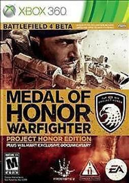 The cover of EA Games' "Medal of Honor Warfighter [Project Honor Edition]" showcases a soldier aiming a rifle amid an intense military scene, featuring promotional badges for Battlefield 4 Beta access and exclusive Walmart content set against a gritty, smoky backdrop.