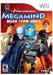 The "Megamind: Mega Team Unite" Wii cover displays a cooperative adventure featuring animated heroes like the blue-skinned Megamind, a metallic robot, and two superheroes against a red background with the DreamWorks logo and THQ branding. Rated E for Everyone.