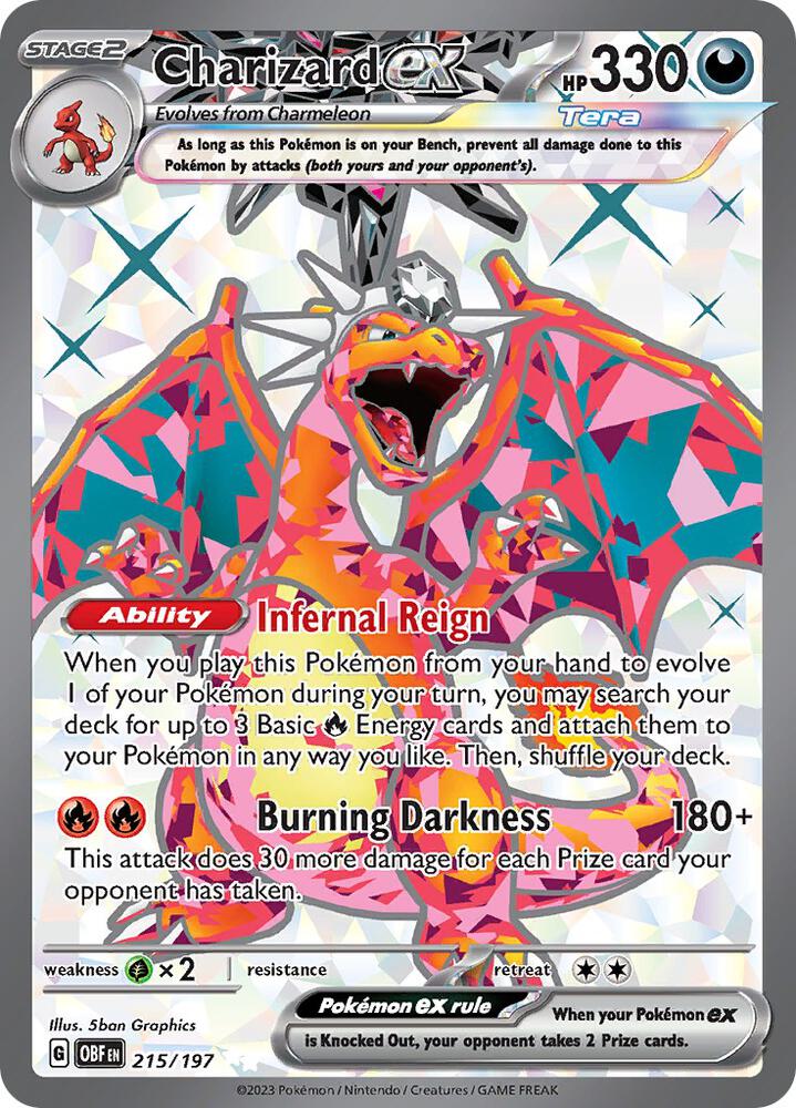 The Pokémon Charizard ex card (215/197) from Scarlet & Violet: Obsidian Flames features 330 HP, a Tera type, "Infernal Reign" ability, and "Burning Darkness" attack. This Ultra Rare card shows Charizard in action with swirling energy and includes holographic effects and game details.