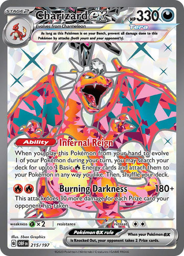 The Pokémon Charizard ex card (215/197) from Scarlet & Violet: Obsidian Flames features 330 HP, a Tera type, "Infernal Reign" ability, and "Burning Darkness" attack. This Ultra Rare card shows Charizard in action with swirling energy and includes holographic effects and game details.