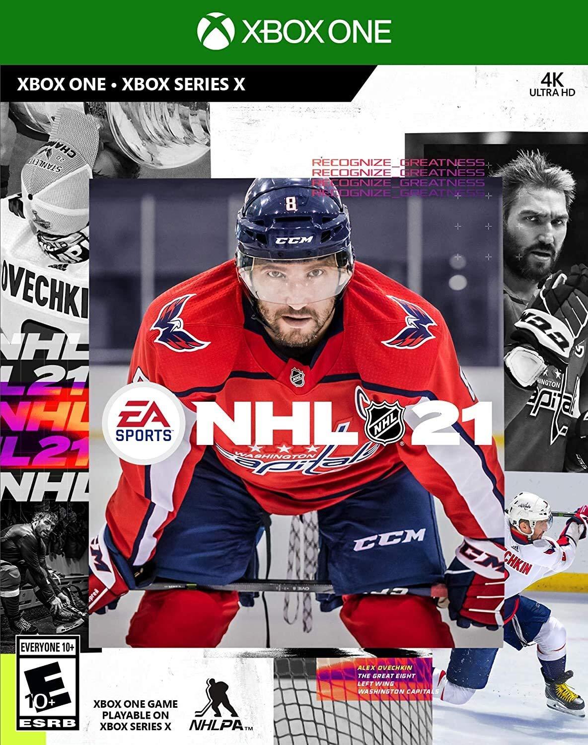 NHL 21 by EA Sports features a cover with a hockey player in a red and white jersey, number 8, in an action pose. The background showcases dynamic gameplay scenes and highlights innovative NHL 21 elements. The design is completed with the EA Sports logo and enhanced AI details.