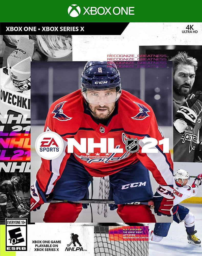 NHL 21 by EA Sports features a cover with a hockey player in a red and white jersey, number 8, in an action pose. The background showcases dynamic gameplay scenes and highlights innovative NHL 21 elements. The design is completed with the EA Sports logo and enhanced AI details.