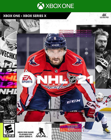 NHL 21 by EA Sports features a cover with a hockey player in a red and white jersey, number 8, in an action pose. The background showcases dynamic gameplay scenes and highlights innovative NHL 21 elements. The design is completed with the EA Sports logo and enhanced AI details.