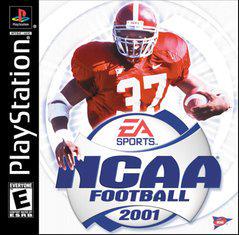 The "NCAA Football 2001" cover for PlayStation 1 features a college player in a red uniform with the ball. The EA Sports logo appears above the title, and the PlayStation logo is on the left. Rated "Everyone" by ESRB, this game is brought to you by ncaa.