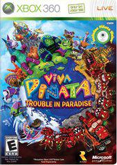 The Xbox 360 cover for "Viva Pinata: Trouble in Paradise" by RareWare features colorful cartoon piñata species around the title, with Xbox branding at the top and an "Everyone" ESRB rating at the bottom left. Microsoft and RareWare logos are also prominently displayed.