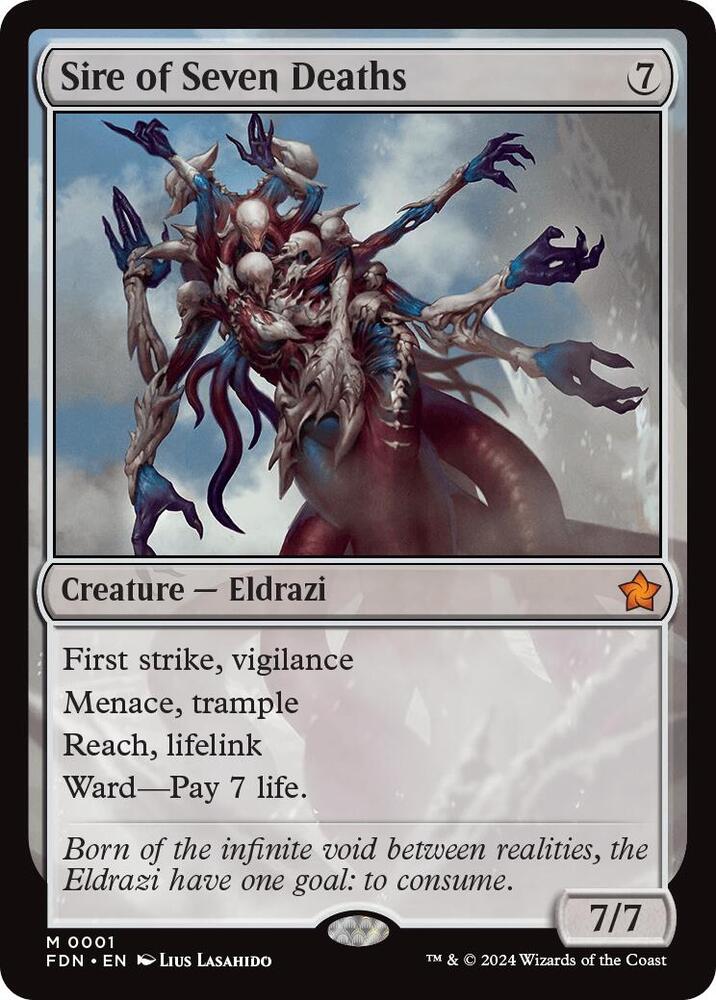 The Magic: The Gathering card "Sire of Seven Deaths" [Foundations] depicts a mythic Eldrazi creature with first strike, vigilance, menace, trample, reach, lifelink, ward—pay 7 life—and a power/toughness of 7/7.